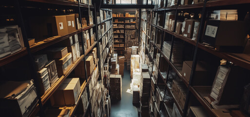 Fototapeta premium Large Archive Warehouse Filled With Boxes and Books in Dim Natural Light