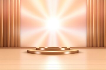 Abstract minimalist golden podium with radial light on soft peach background.