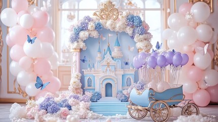 Dreamy Pastel Blue Cartoon Castle with Balloon Arch Garland for Cake Smash Aesthetic