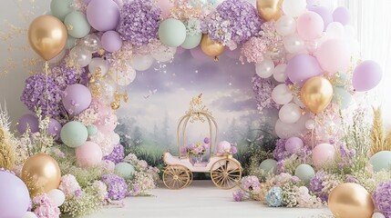 Enchanting Cake Smash Celebration with Balloon Arch and Vintage Carriage Prop