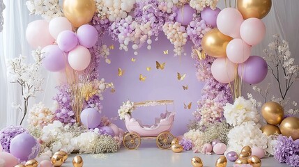 Enchanting Cake Smash with Balloon Arch, Vintage Carriage, and Easter Egg Prop