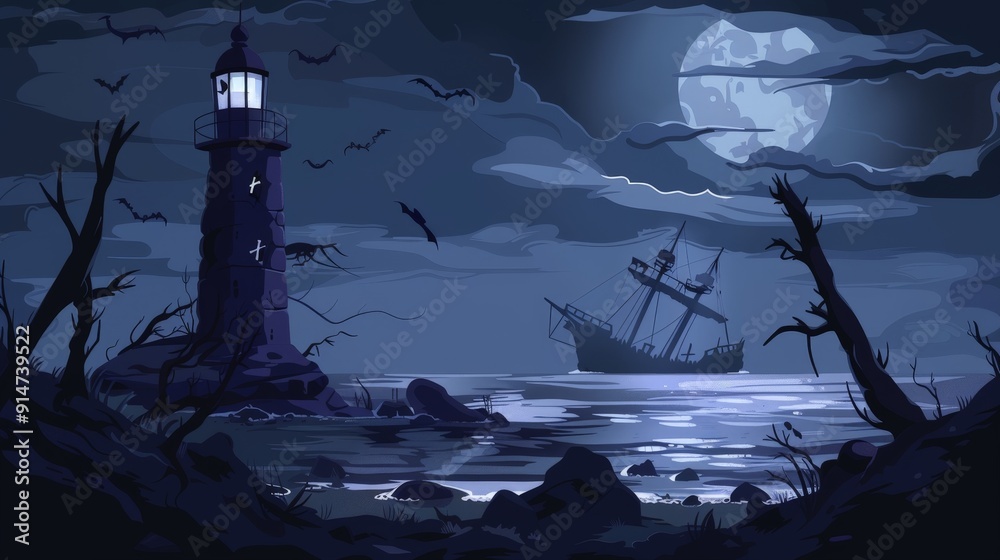 Canvas Prints design a spooky beach scene with dark waters, a haunted lighthouse, and ghostly shipwrecks in the ba