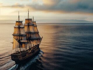 A large ship sails through the ocean with a beautiful sunset in the background