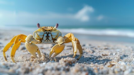 A yellow crab on a sandy beach with a blue ocean in the background