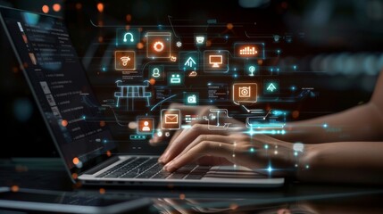 Digital Advertising Analytics and Video ADS Campaigns. Person using laptop analyzing digital ad performance metrics and campaign data. Digital marketing online, Content creation, Customer engagement