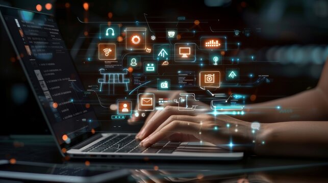 Digital Advertising Analytics and Video ADS Campaigns. Person using laptop analyzing digital ad performance metrics and campaign data. Digital marketing online, Content creation, Customer engagement