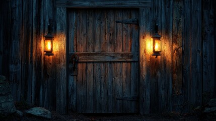 Rustic wooden door with glowing lanterns on an old building