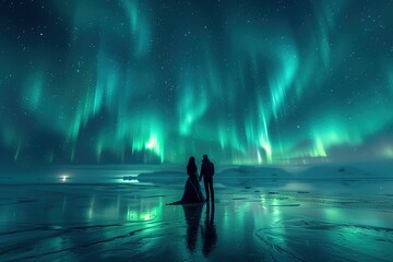 Obraz premium Couple admiring northern lights over icy landscape