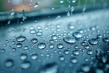 Raindrops on glass creating reflective view post rainstorm, enhancing visual appeal