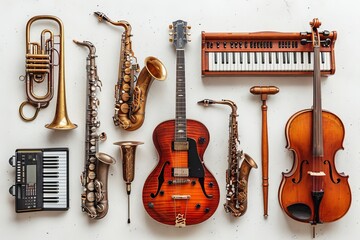 Musical instruments collage  guitar, violin, piano, drums, saxophone, trumpet on white background