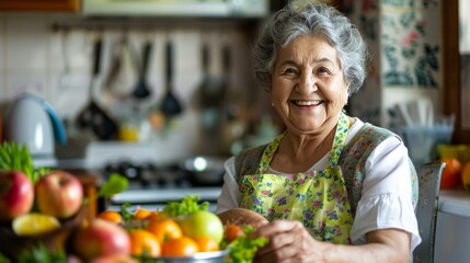 Fototapeta premium Portrait, fruit salad and apple with a senior woman in the kitchen of her home for health, diet or nutrition. Smile, food and cooking with a happy mature female pension eating healthy in the house.