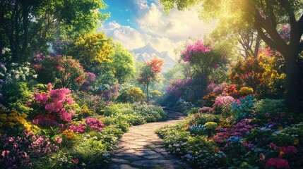 Dreamlike garden with colorful flowers, lush trees, and greenery beneath a bright, sunny sky