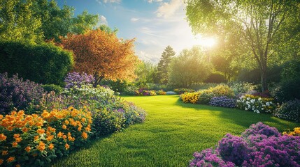 Enchanting garden with colorful flowers, lush greenery, and vibrant trees under a radiant sunny sky