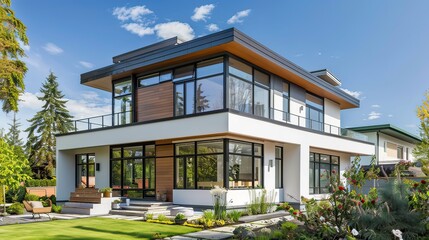 Fototapeta premium Contemporary residential home â€“ Feature a modern house with large windows and a simple, elegant design. 