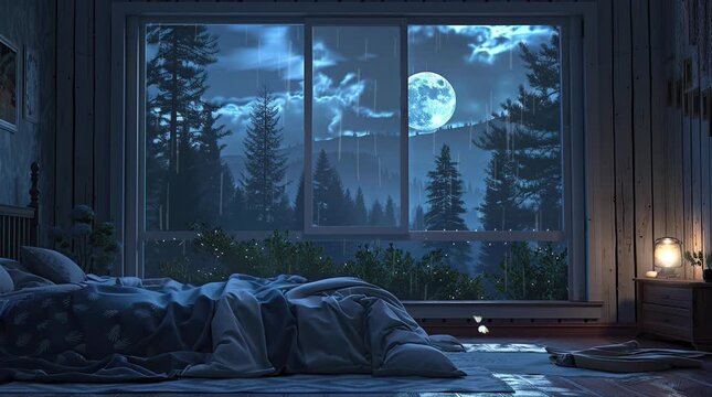 Bedroom window overlooking a pine forest at night, illuminated by a full moon, creating a serene and mystical atmosphere
 Seamless looping 4k time-lapse virtual video animation Generated AI