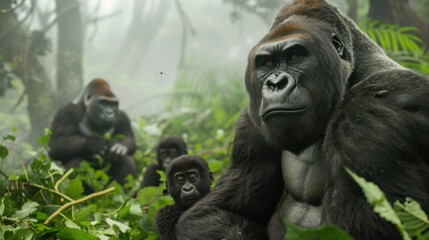 a silverback gorilla leading its troop through lush jungle foliage. Ideal for nature documentaries and educational exhibits about endangered species.