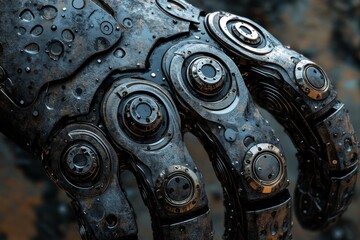 Close up of intricate mechanical components with metallic textures showcasing the complexity and craftsmanship of advanced robotics engineering in a futuristic environment