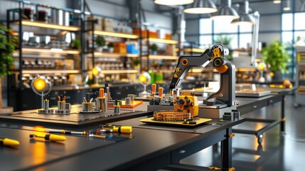 Fototapeta premium A modern industrial workshop equipped with advanced robotic arms, tools, and machinery for precision engineering and manufacturing.