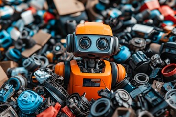 Fototapeta premium Rusty humanoid robot with large eyes sitting among electronic waste symbolizing the abandonment and decline of technology in a dystopian environment