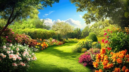 Fototapeta premium A beautiful garden with colorful flowers, vibrant trees, and greenery beneath a radiant sunny sky