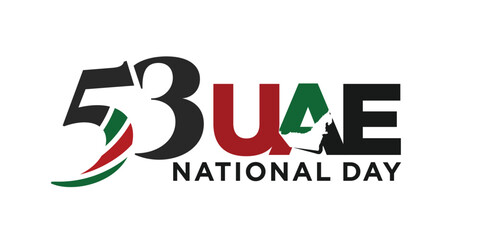 53 National Day of United Arab Emirates. Text Arabic Translation: Our National Day. December 2. UAE map symbol. Vector Logo. Eps 08.