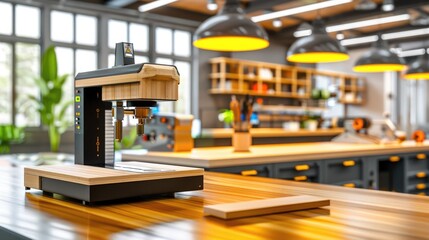 Modern woodworking workshop with CNC router and tools on wooden bench, under industrial lighting. Bright, organized workspace.