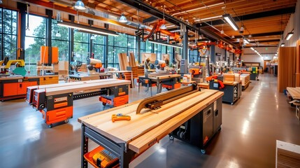 Modern woodworking shop with various tools and equipment, clean workspace, large windows, and bright lighting, perfect for carpentry projects.