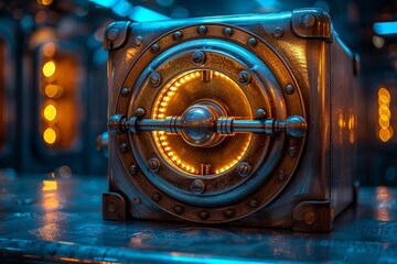 Secure steel safe for bank deposits  long term financial storage concept on blue background