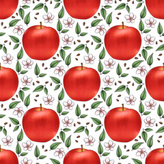 Red apple pattern illustration with flower and leaves with soft pink background. Pattern design for fabric, wallpaper, wrapping