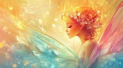 Cute fairy cartoon girl, angelic abstract background, romantic hues, fractal texture, elegant gloss