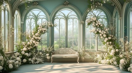 Opulent Elegance - Blue and Gold Baroque Floral Wall with Pink Flowers and Vases | Detailed Realistic Interior Design Scene