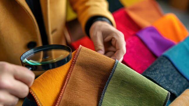 Close-up of a hand holding a magnifying glass over colorful fabric swatches.