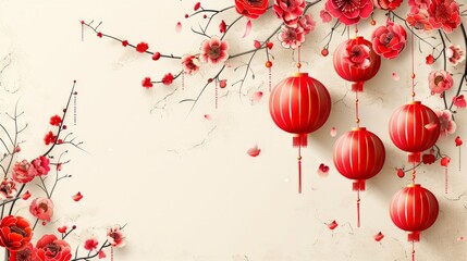 Obraz premium Chinese New Year decorations with red lanterns and cherry blossoms