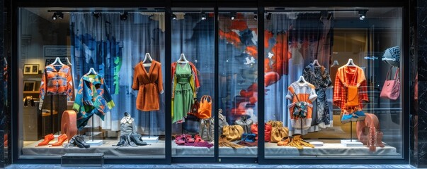 Naklejka premium Fashionable store window display with colorful clothing and accessories.