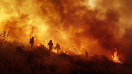 Fototapeta premium Firefighters battling wildfire with smoke and flames