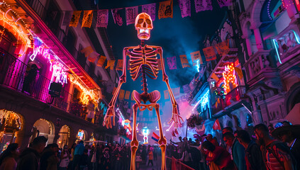 Obraz premium Giant neon skeletons parading through surreal cityscape