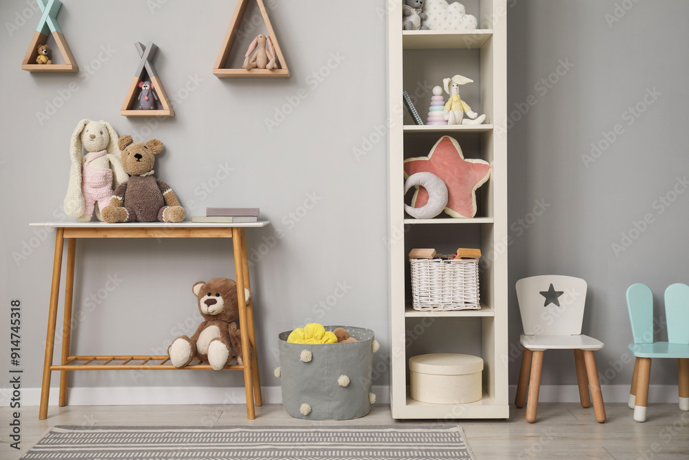 Poster stylish child room interior with modern furniture and toys