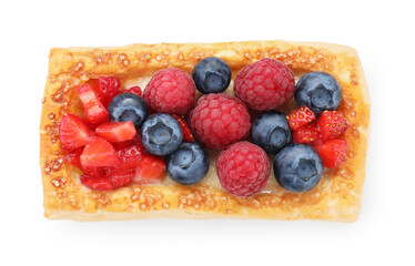 Tasty puff pastry with berries isolated on white, top view