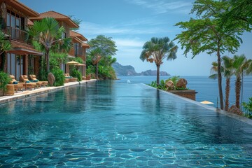 Fototapeta premium Tropical beach resort summer vacation by the sea with palm trees, copy space banner background