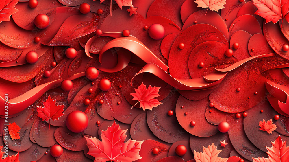 Wall mural 3d abstract red pattern with leaves texture background