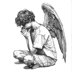 A young man with wings behind his back folded his hands in prayer. Praying angel