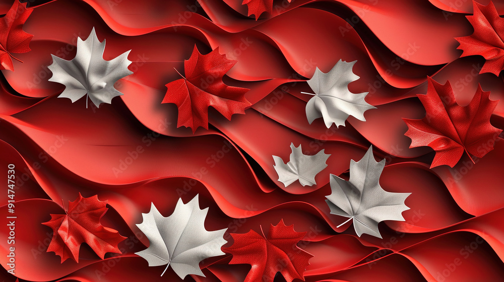 Wall mural 3D abstract red pattern with leaves texture background