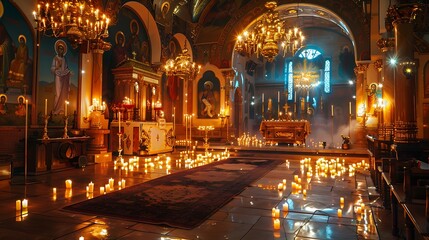 Fototapeta premium Candles Illuminating a Church Interior