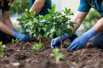 Fototapeta premium Healthcare workers planting trees in hospital courtyard, integrating nature into medical environments