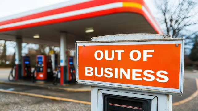 Closed gas station with Out of Business sign, Economy, Recession effects - Powered by Adobe
