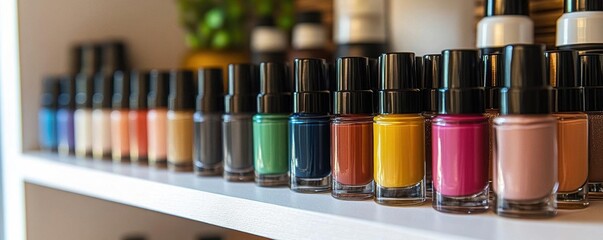 Photo of a cozy nail salon corner, rows of nail polish bottles in various shades, organized and aesthetically pleasing, pampering and relaxation