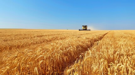 A wide-angle shot of a golden wheat field ready for harvest, with a combine harvester working in the distance under a clear blue sky. 8k UHD, suitable for high-quality printing or digital display. 