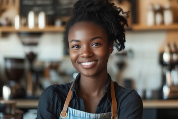 African American female barista in cozy cafe smiling at camera