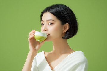 緑茶を飲む若いアジア人女性。緑色の背景。