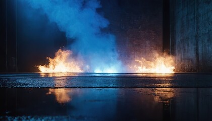 Blue dark background of empty foggy street with wet asphalt illuminated by a searchlight laser28